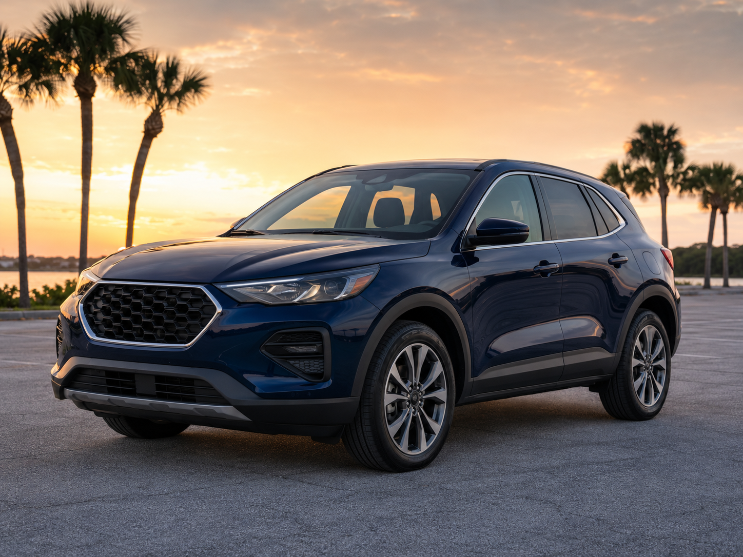 Representative blue compact rental crossover at sunset