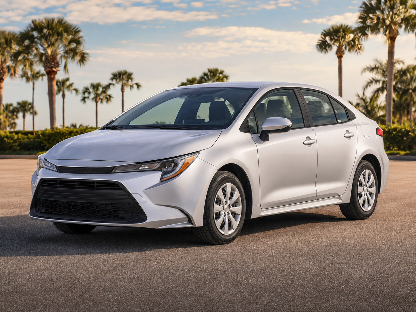 Representative silver compact rental sedan with palm trees