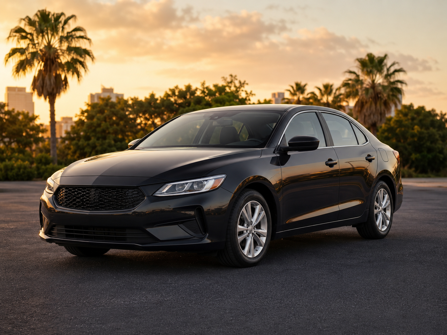 Representative dark midsize rental sedan in a Tampa parking area